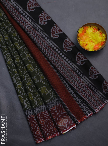 Muslin cotton saree sap green and maroon with allover prints and printed border