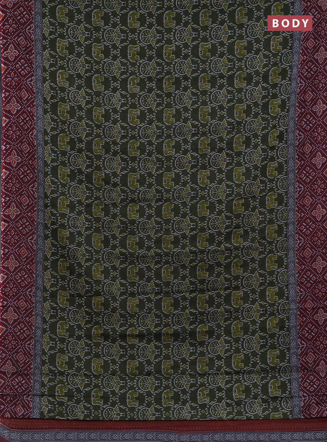 Muslin cotton saree sap green and maroon with allover prints and printed border