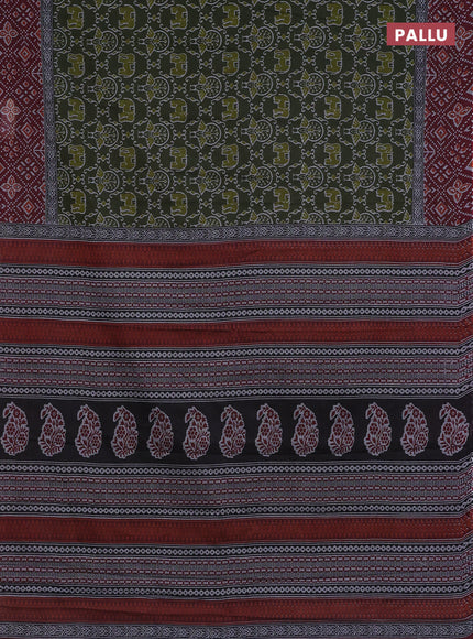 Muslin cotton saree sap green and maroon with allover prints and printed border