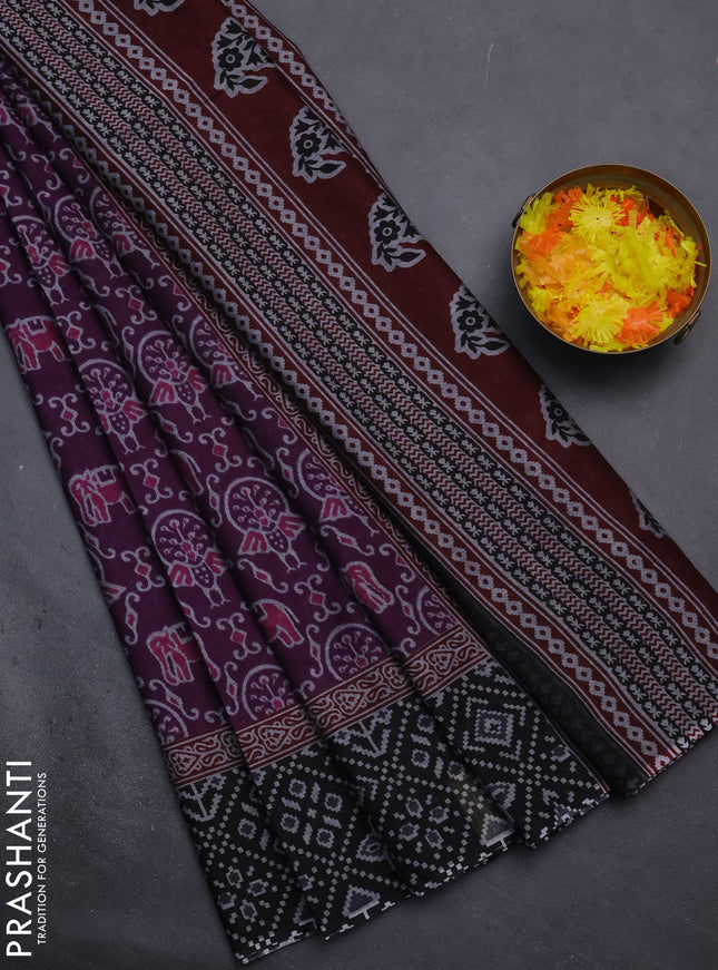 Muslin cotton saree purple and black with allover prints and printed border