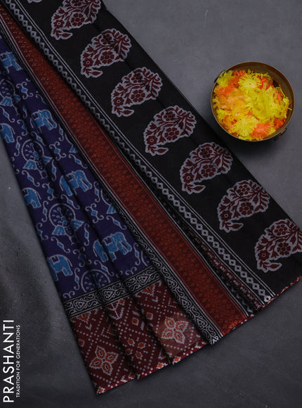 Muslin cotton saree navy blue and maroon with allover prints and printed border