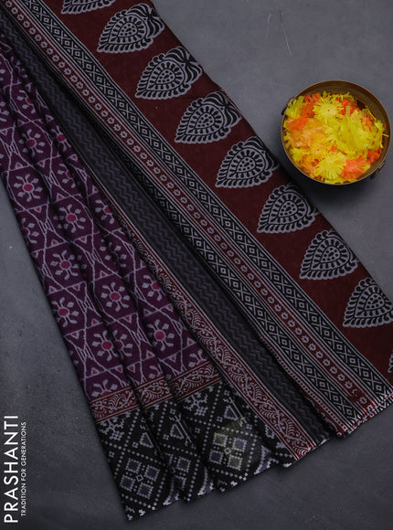 Muslin cotton saree deep purple and black with allover prints and printed border