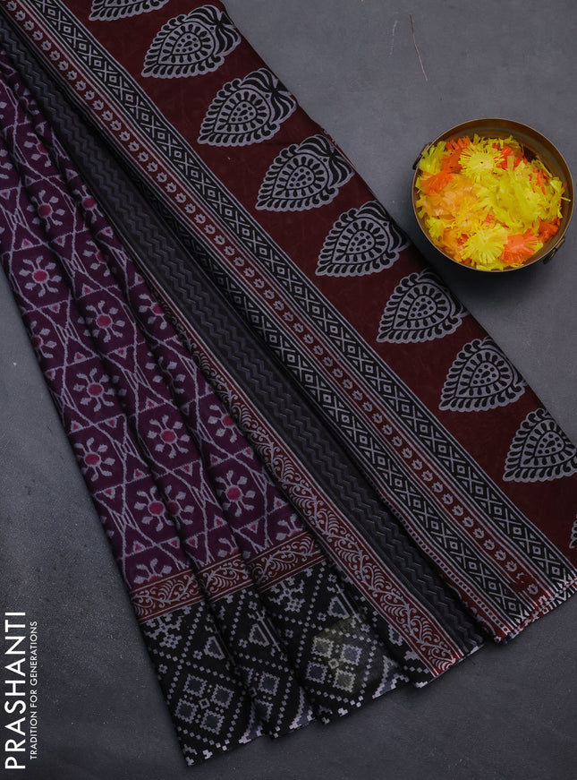 Muslin cotton saree deep purple and black with allover prints and printed border