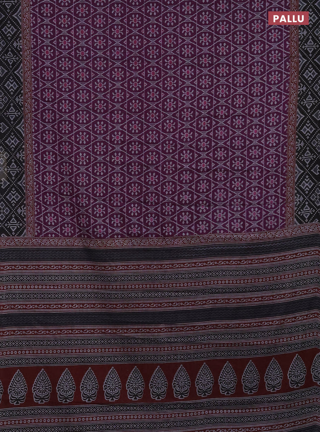 Muslin cotton saree deep purple and black with allover prints and printed border
