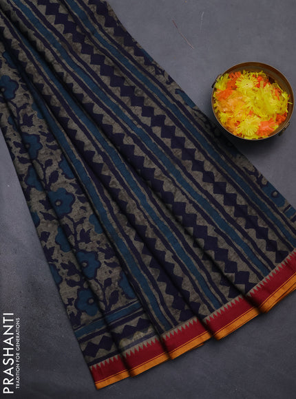 Muslin cotton saree grey blue and maroon with allover prints and woven border