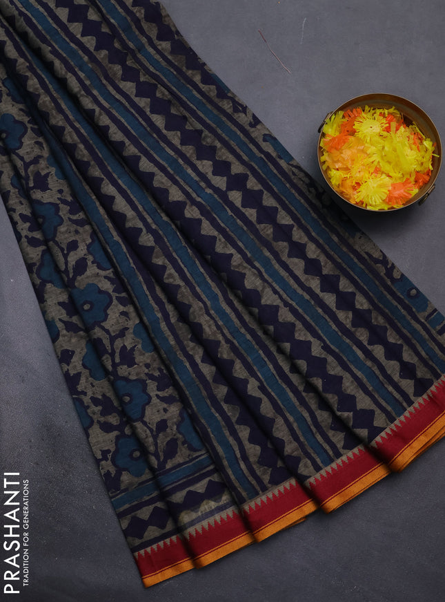 Muslin cotton saree grey blue and maroon with allover prints and woven border
