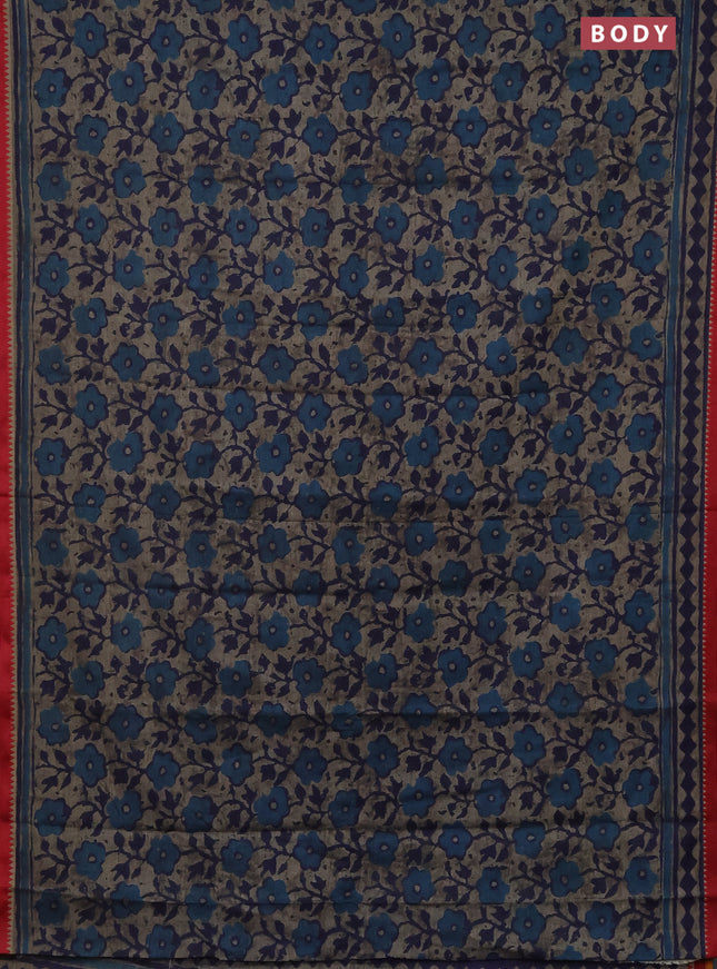 Muslin cotton saree grey blue and maroon with allover prints and woven border