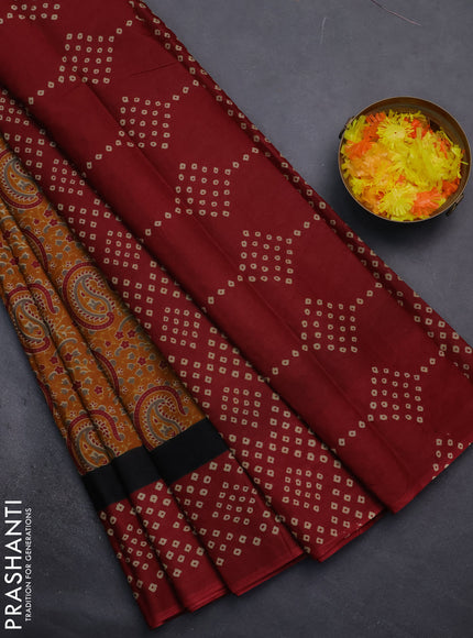 Muslin cotton saree mustard yellow and maroon with paisley prints and printed border