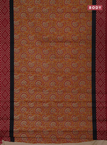 Muslin cotton saree mustard yellow and maroon with paisley prints and printed border