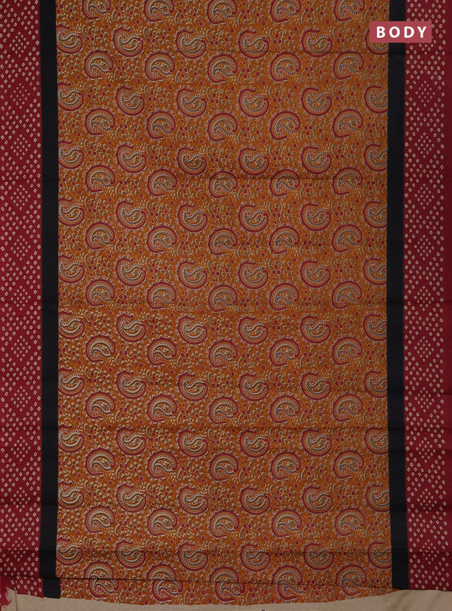 Muslin cotton saree mustard yellow and maroon with paisley prints and printed border