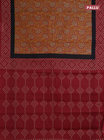 Muslin cotton saree mustard yellow and maroon with paisley prints and printed border