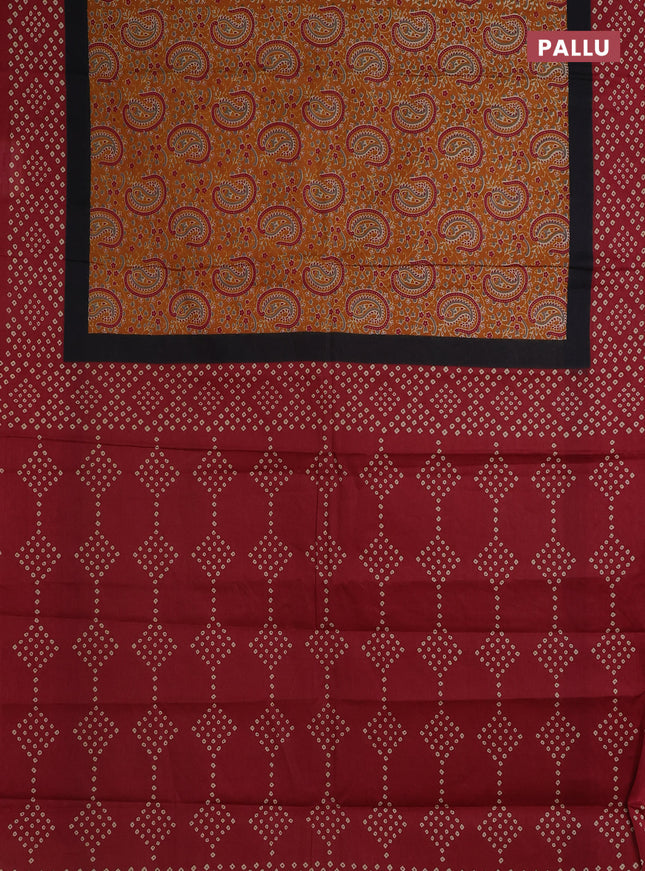 Muslin cotton saree mustard yellow and maroon with paisley prints and printed border