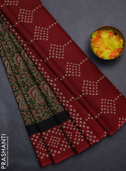 Muslin cotton saree sap green and maroon with paisley prints and printed border