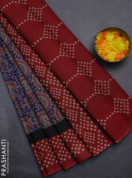Muslin cotton saree blue and maroon with paisley prints and printed border
