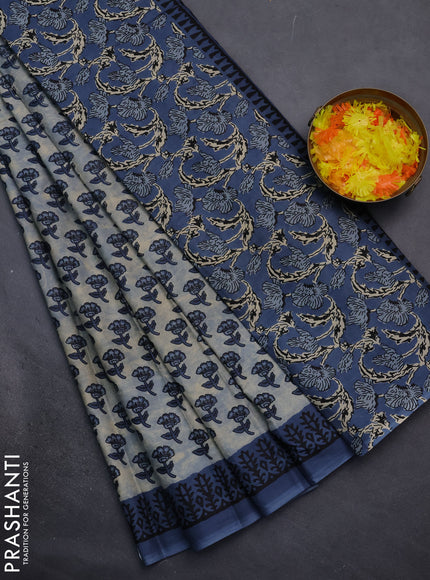 Muslin cotton saree bluish grey and blue with floral butta prints and printed border