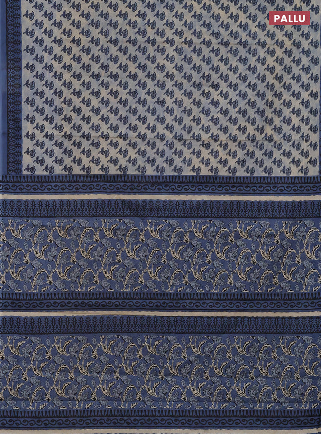 Muslin cotton saree bluish grey and blue with floral butta prints and printed border
