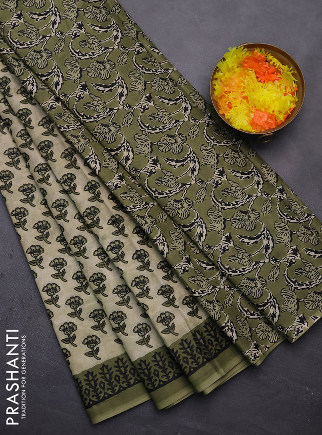 Muslin cotton saree elaichi green and sap green with floral butta prints and printed border