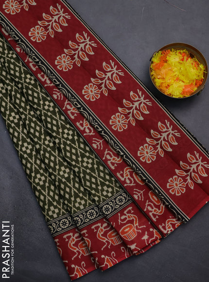 Muslin cotton saree sap green and maroon with allover prints and printed border
