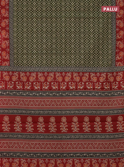 Muslin cotton saree sap green and maroon with allover prints and printed border