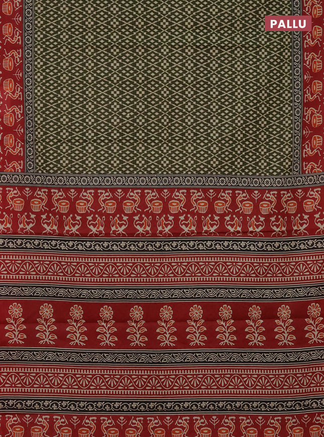 Muslin cotton saree sap green and maroon with allover prints and printed border