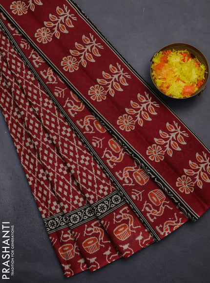 Muslin cotton saree maroon with allover prints and printed border