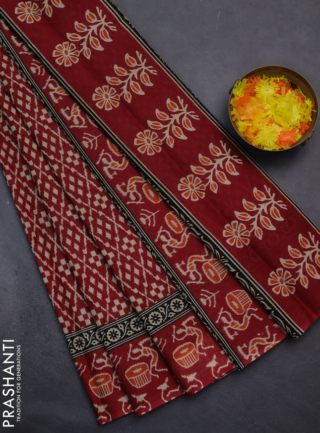 Muslin cotton saree maroon with allover prints and printed border