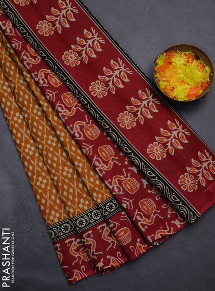 Muslin cotton saree mustard yellow and maroon with allover prints and printed border