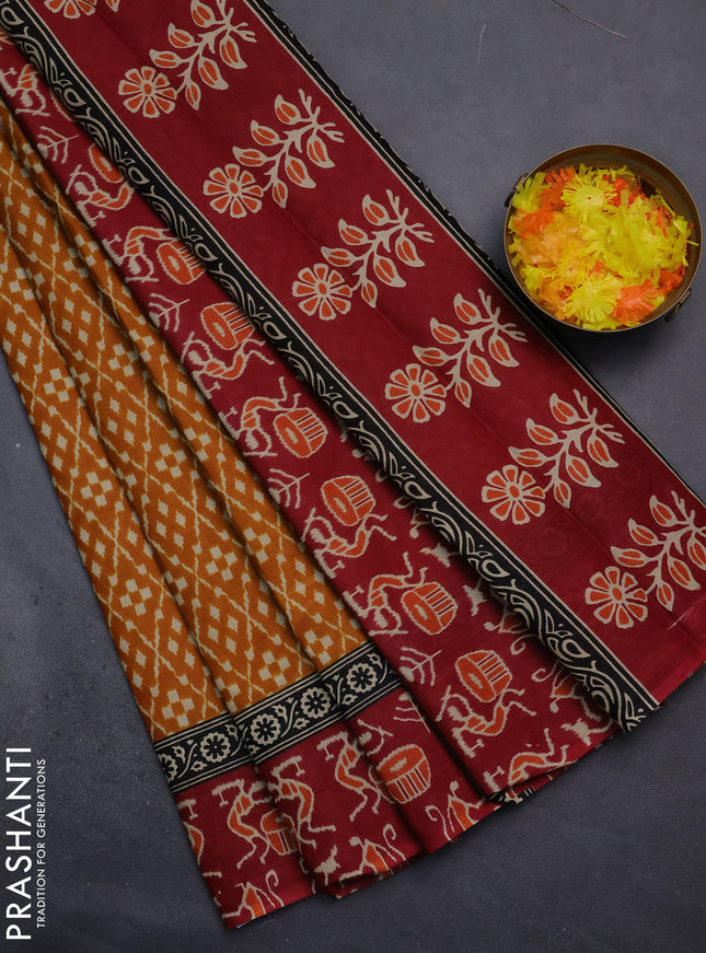 Muslin cotton saree mustard yellow and maroon with allover prints and printed border