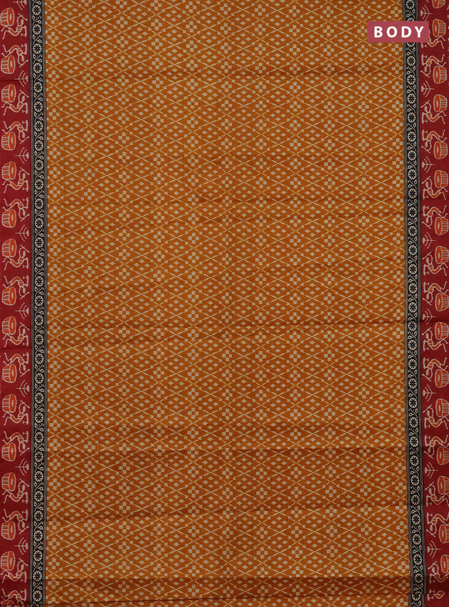 Muslin cotton saree mustard yellow and maroon with allover prints and printed border