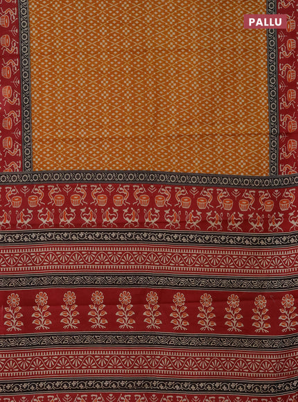 Muslin cotton saree mustard yellow and maroon with allover prints and printed border