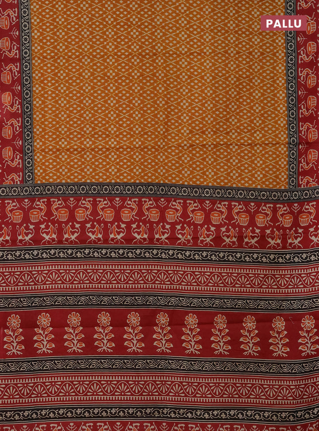 Muslin cotton saree mustard yellow and maroon with allover prints and printed border