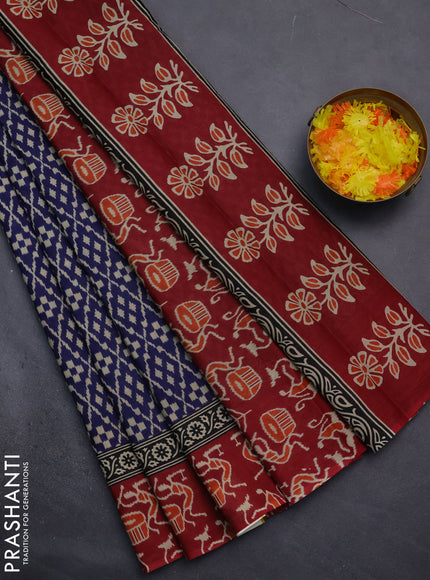 Muslin cotton saree blue and maroon with allover prints and printed border