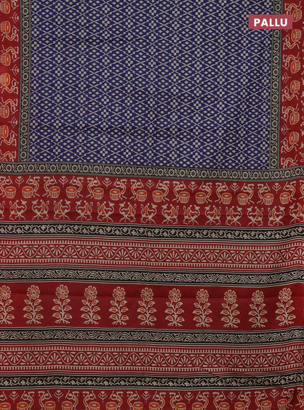 Muslin cotton saree blue and maroon with allover prints and printed border