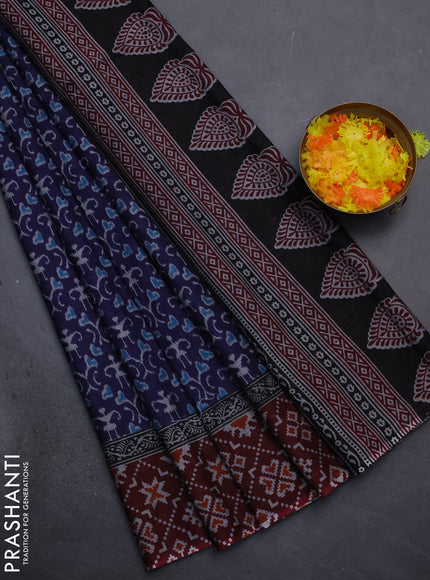 Muslin cotton saree navy blue and maroon with warli prints and printed border