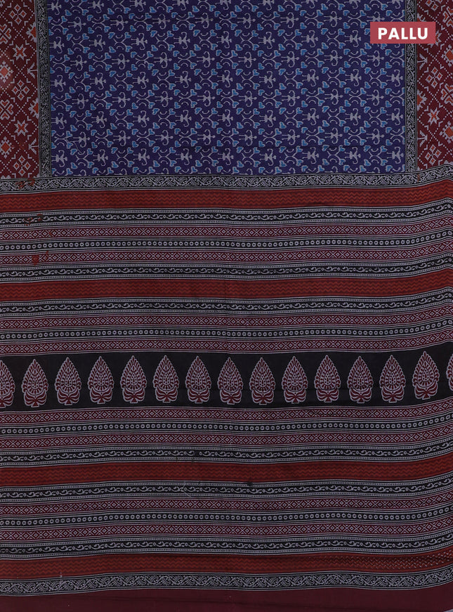 Muslin cotton saree navy blue and maroon with warli prints and printed border