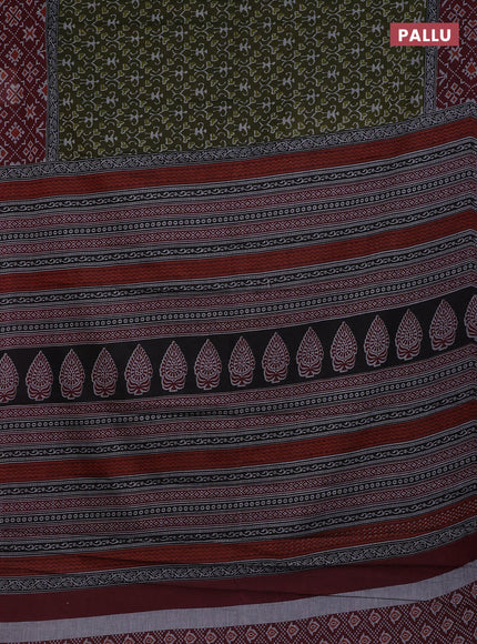 Muslin cotton saree sap green and maroon with warli prints and printed border