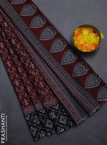 Muslin cotton saree maroon and black with warli prints and printed border