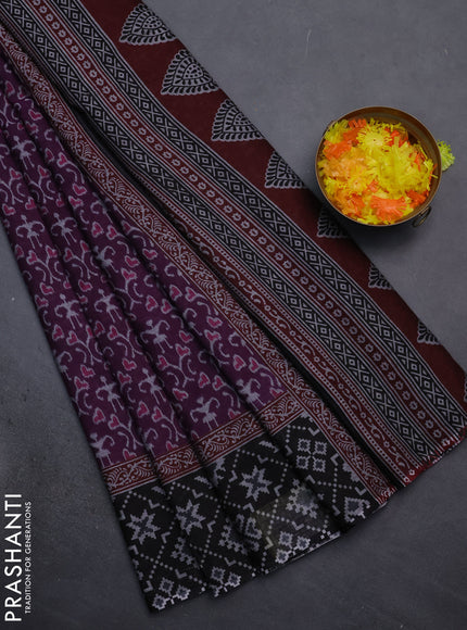 Muslin cotton saree purple and black with warli prints and printed border