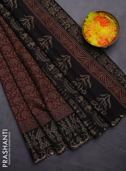 Muslin cotton saree maroon and black with allover prints and printed border