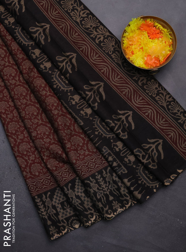 Muslin cotton saree maroon and black with allover prints and printed border