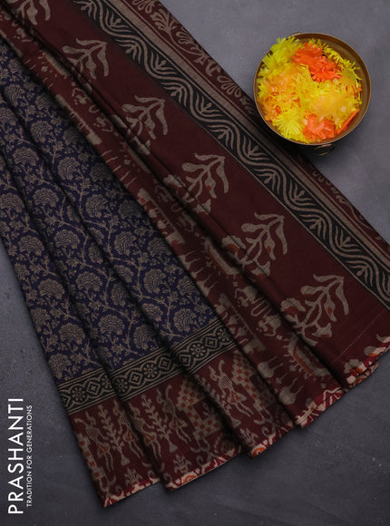 Muslin cotton saree navy blue and maroon with allover prints and printed border