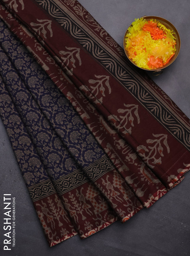 Muslin cotton saree navy blue and maroon with allover prints and printed border