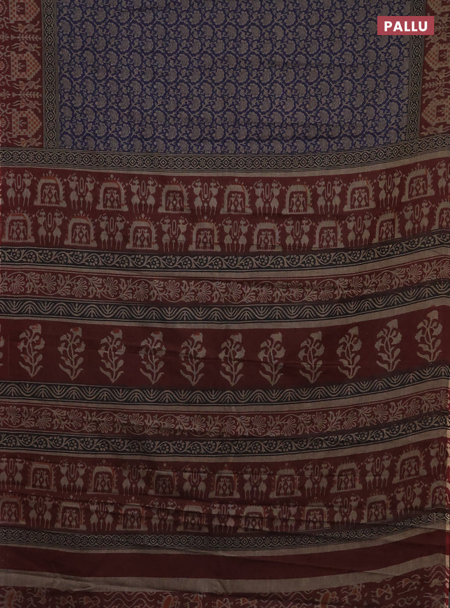 Muslin cotton saree navy blue and maroon with allover prints and printed border
