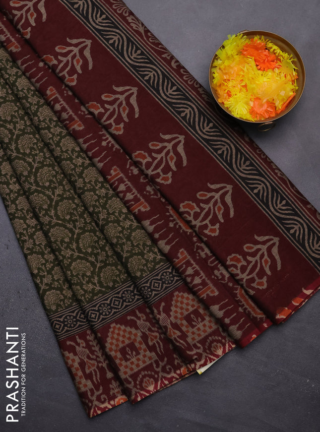 Muslin cotton saree sap green and maroon with allover prints and printed border