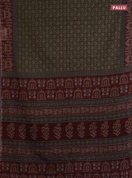 Muslin cotton saree sap green and maroon with allover prints and printed border