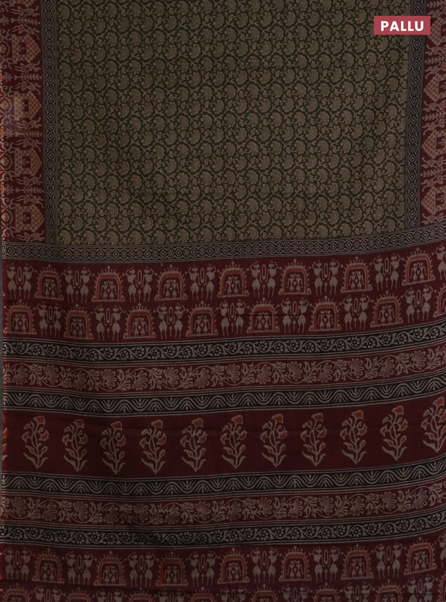 Muslin cotton saree sap green and maroon with allover prints and printed border