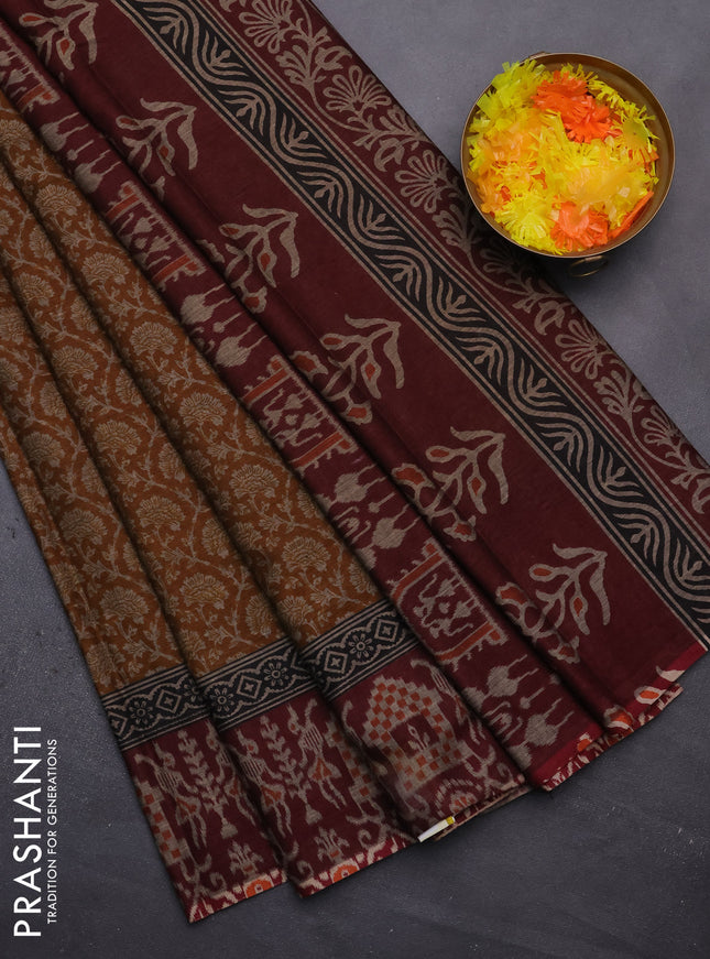 Muslin cotton saree dark mustard and maroon with allover prints and printed border