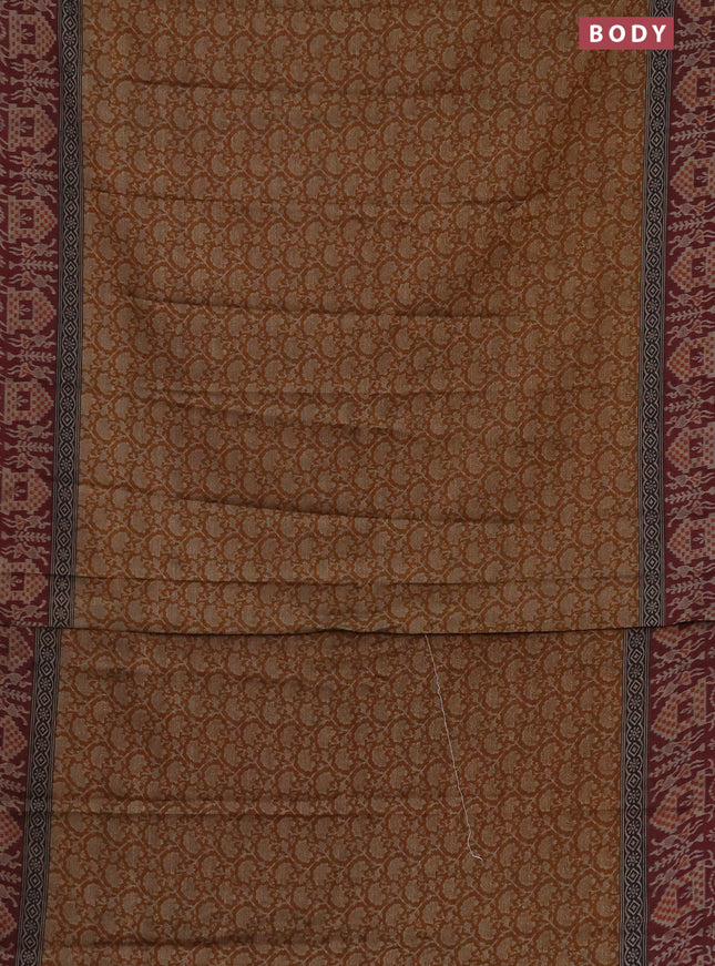 Muslin cotton saree dark mustard and maroon with allover prints and printed border