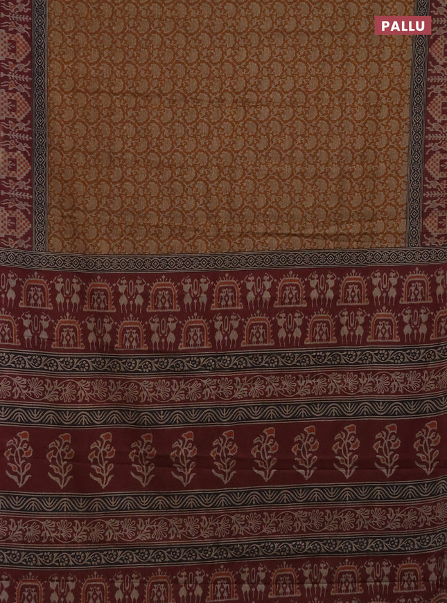 Muslin cotton saree dark mustard and maroon with allover prints and printed border