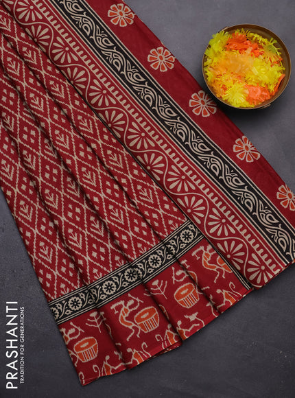 Muslin cotton saree maroon with allover ikat prints and printed border